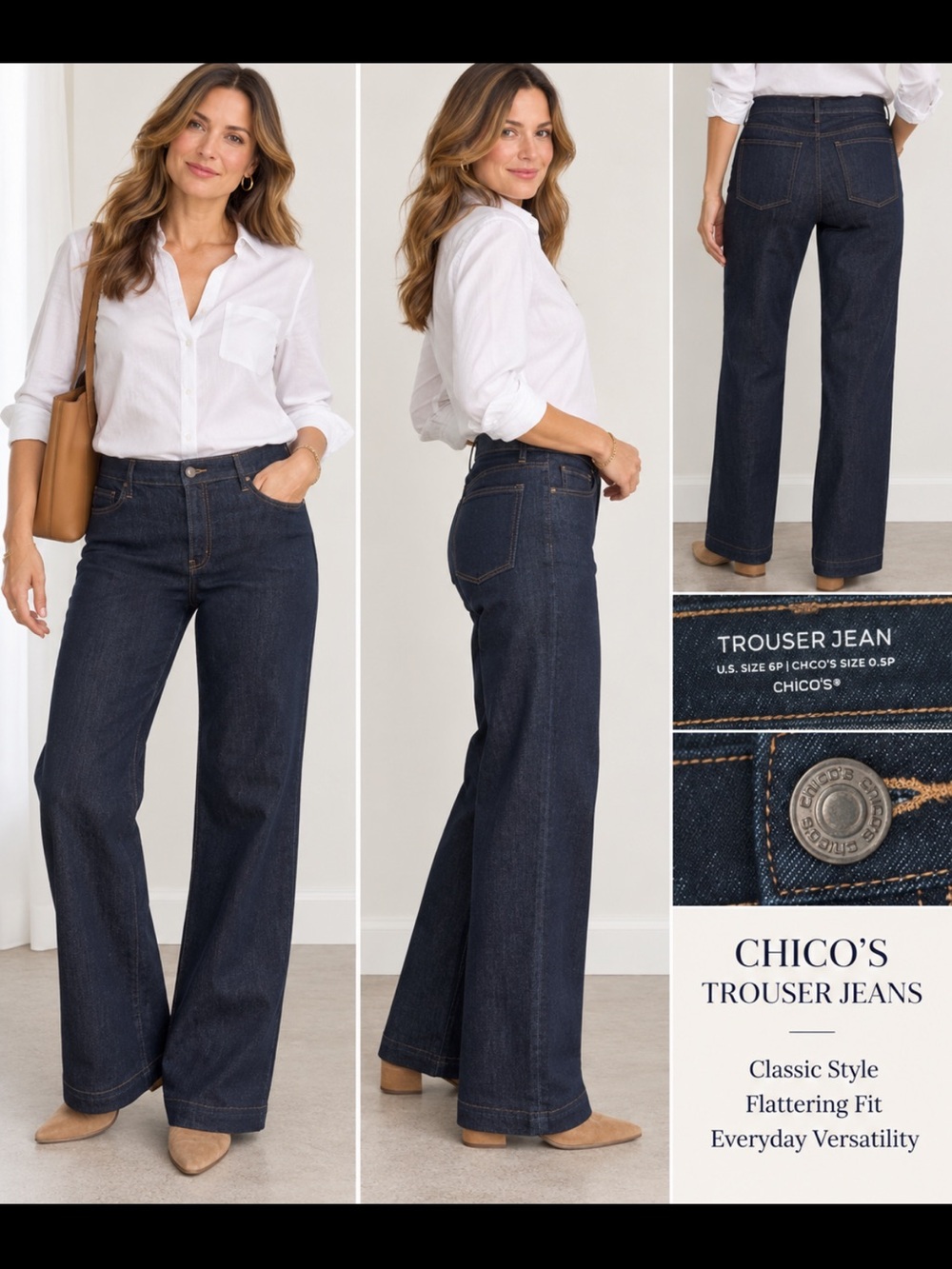 Chico's Dark wash Wide-Leg Trouser Jeans 6/petite dark indigo.